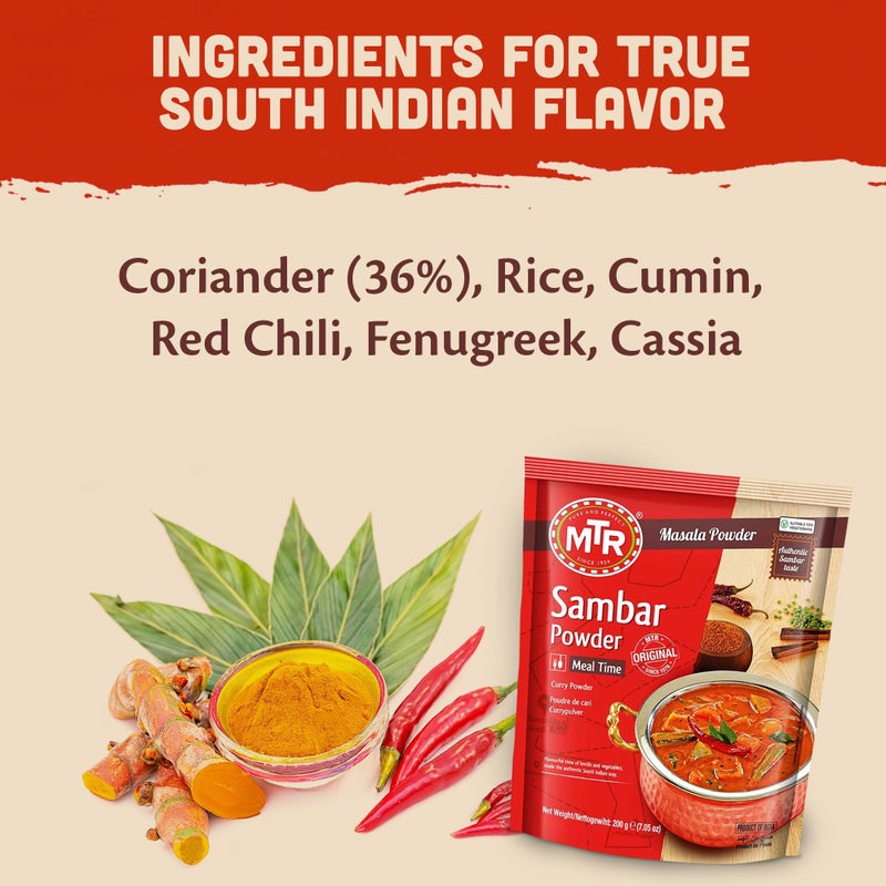 MTR Sambar Ready Mix - Authentic Indian Curry Powder Blend of Turmeric, Red Chili, Fenugreek & Asafoetida - Great Aroma & Flavor - Perfect for Flavorful Sambar Broth - 200g - Image 3